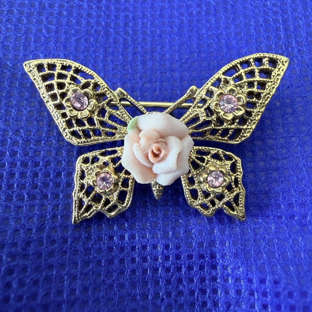 Vtg Gold Tone Pink Rhinestone Butterfly Ceramic Rose Brooch Pin Floral Statement